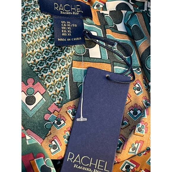 Rachel Roy Blouse XL Green Patchwork Satin Retro Preppy Office NWT - Picture 6 of 6